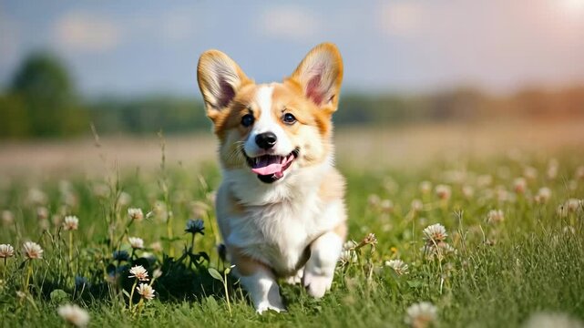 Joyful Corgi puppy bounding through a sun-drenched meadow bursting with clover flowers.