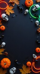 Halloween flat lay frame with pumpkin, skull, black cat, and neon light for party invitation and autumn design.