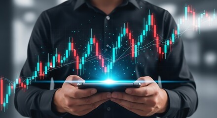 Dynamic financial analyst tracking market trends on smartphone, visualizing growth and opportunity