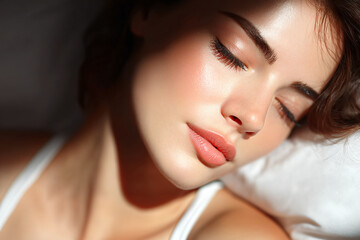 Fototapeta premium Beauty Portrait Woman Skincare Natural Makeup Aesthetics Relaxation Serene Model Fashion Lifestyle Tranquility Light Sleep Stunning Elegance Youth Calmness Glowing Feminine Delicate Closeup Charm