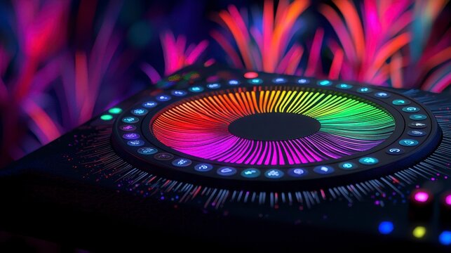 Vibrant Rainbow Circular Tech Device Amidst Colorful Plants