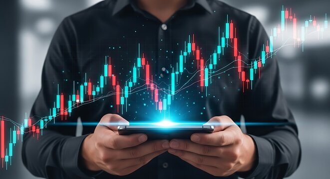 Dynamic financial analyst tracking market trends on smartphone, visualizing growth and opportunity