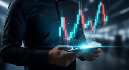 Professional analyzing dynamic stock market data on a futuristic digital interface with glowing charts and graphs.