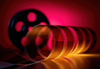 Close up of a film reel partially unwound, reflecting light, with a roll in the background, creating a nostalgic cinema atmosphere