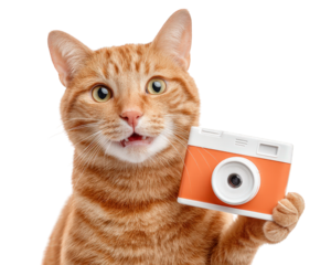 Orange tabby cat holding orange camera, isolated on transparency background, with playful and curious expression, perfect for pet photography or creative advertising concepts