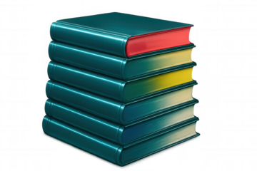 Glossy hardcover books neatly stacked, displaying colorful volumes on clean transparent surface, representing educational knowledge
