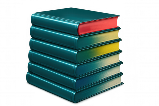 Glossy hardcover books neatly stacked, displaying colorful volumes on clean transparent surface, representing educational knowledge