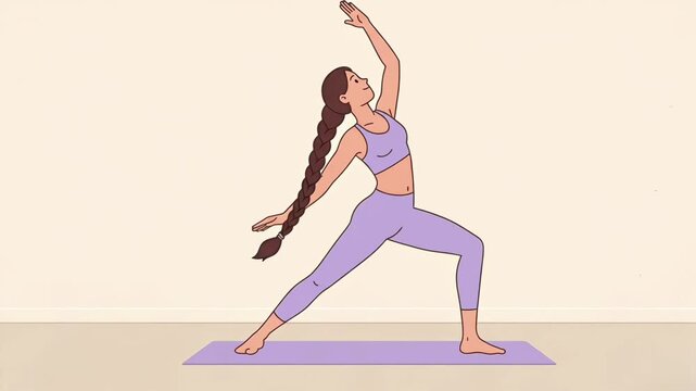 Animated woman flowing into the graceful Reverse Warrior yoga pose for a full side stretch. Video for building strength and flexibility, promoting a peaceful mind and a healthy lifestyle.