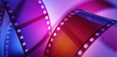 Close up of curled photographic film illuminated with blue and purple light, creating a vibrant and nostalgic backdrop