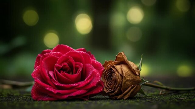 Symbolic roses: A juxtaposition of vibrant life and inevitable decay's beauty