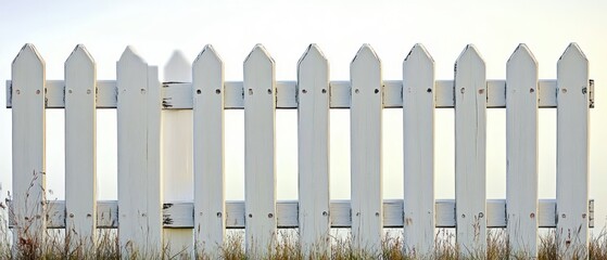 Close-up of a weathered white wooden picket fence with pointed tops standing behind dry grass under a clear sky