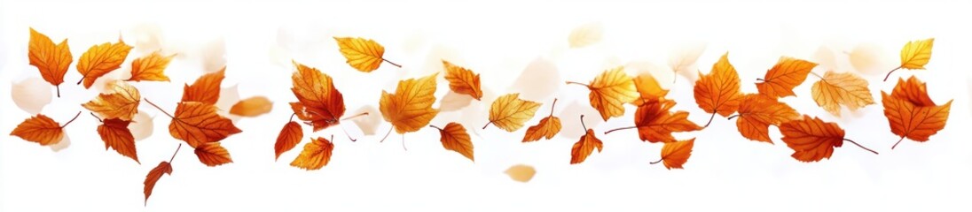 Bright orange autumn maple leaves gently floating and swirling against a clean white background evoking a sense of seasonal change and lightness
