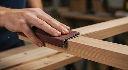 Close-up of hands sanding wood with sandpaper for a smooth finish, DIY woodworking project