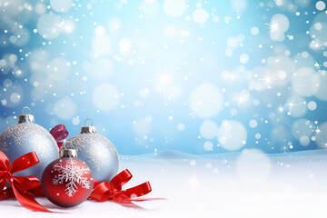 christmas decoration on red background, Christmas ornaments on snow over blue background. winter christmas greeting card
