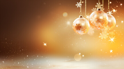 christmas background with snowflakes, Glittering golden christmas ornaments
