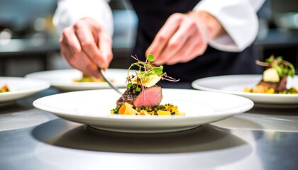 Chef plating a gourmet dish in a professional kitchen