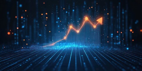 Glowing orange upward trending line chart with futuristic blue digital grid and data points in a high-tech environment