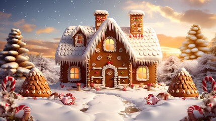gingerbread house in the snow, There is a small house with a lot of snow on it generative ai, Christmas setting in warm atmosphere

