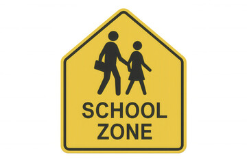 Yellow school zone road sign indicating children crossing, promoting safety and caution in school areas with transparent background