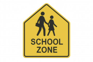 Yellow school zone road sign indicating children crossing, promoting safety and caution in school areas with transparent background