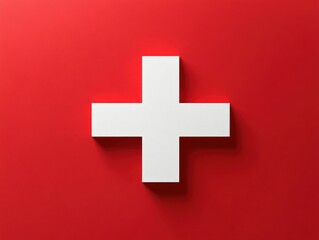 Obraz premium Three-dimensional white cross symbol casting shadow on bright red background representing health and medical care