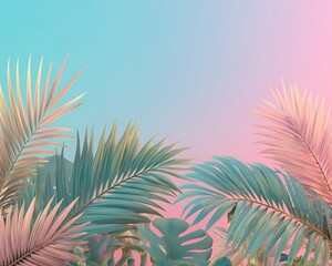 Vibrant Tropical Leaves with a Calm Pink and Blue Gradient Background