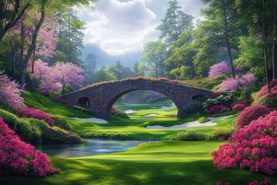 Stone bridge over a small river in a lush garden with blooming pink flowers and green trees under a partly cloudy sky
