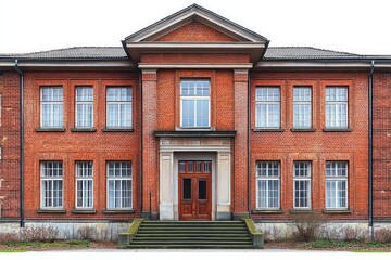 Obraz premium Symmetrical red brick building with multiple white-trimmed windows and a central wooden door accessed by green steps under an overcast sky