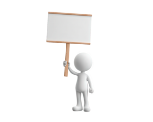3D cartoon character holding blank protest sign transparency background simple design empty board for message standing pose concept of demonstration copy space neutral emotion