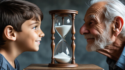 Male child, on the left looking directly through an hourglass at an old man, while the same boy as an old man looks directly through the hourglass, both with warm, friendly, congenial looks