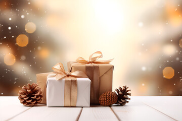 christmas background with gift boxes and christmas tree, 
golden christmas gift boxes with golden christmas balls on blurred background .
