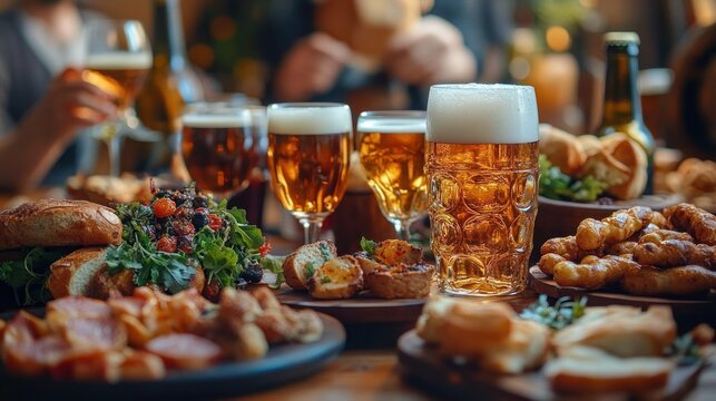 A lively table filled with frothy beer glasses, various appetizers, sandwiches, and people enjoying food and drinks in a warm social setting