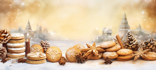 christmas background with christmas tree and candles, Festive christmas banner with ample space for text top view ai generated
