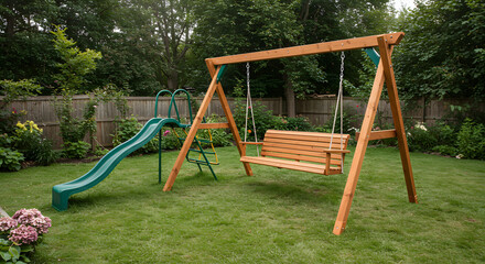 Fototapeta premium Classic Wooden Swing Set and Green Slide in a Home Backyard Garden