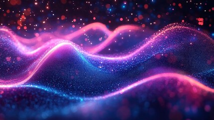 Colorful vibrant waves of glowing particles in pink, purple, and blue creating an abstract dynamic flowing digital landscape with a sense of depth and motion