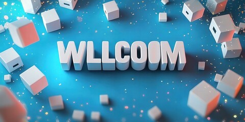 3D white block letters spelling 'WLLCOOM' surrounded by floating white cubes on a blue background with scattered small particles