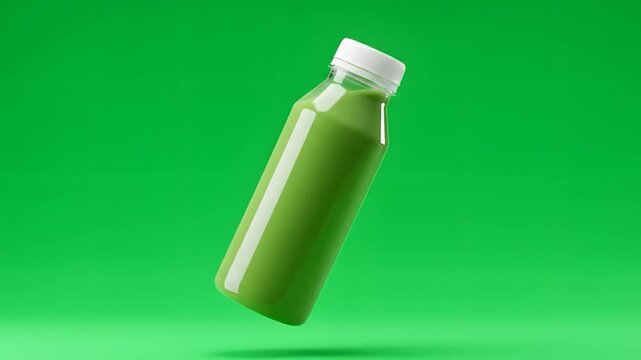 Green juice bottle floats, green backdrop, studio shot, product advertising
