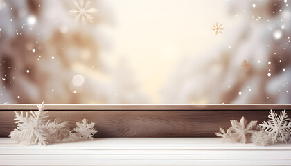 christmas tree on wooden background, There is a wooden bench sitting on a wooden floor in front of a blurry background generative ai
