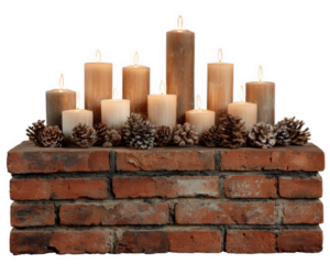 Candles pinecones brick fireplace warm cozy rustic holiday decoration glowing create festive and inviting atmosphere with soft candlelight and natural elements on brick mantel