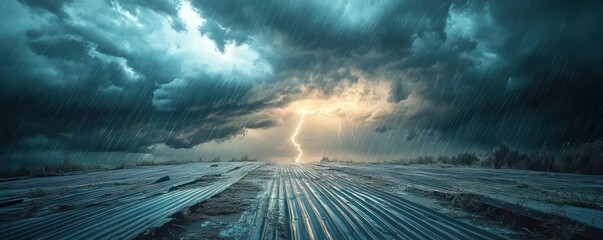 stormy sky with heavy rain and lightning striking over a wet field covered with plastic sheets under dark dramatic clouds