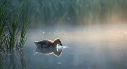 baby goose | A duckling forages in a serene, misty pond surrounded by tall grasses at dawn, capturing the tranquility of nature in early morning light