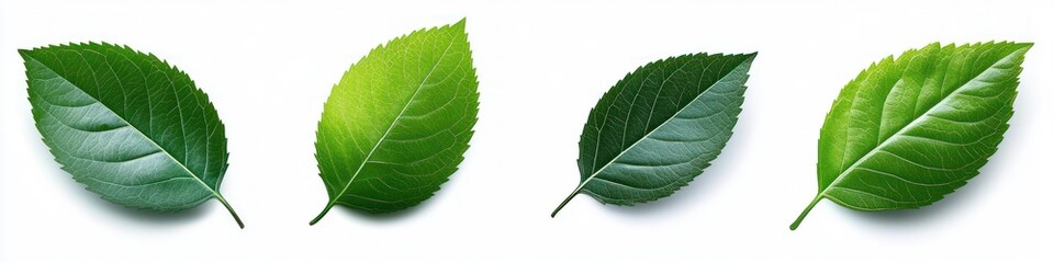 Four green leaves with detailed veins and textures arranged in a row on a white background, showcasing natural variation in color and shape