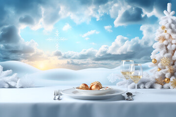 a digital background featuring a snowy or frosty landscape under a bright, cloudy sky with a sunrise or sunset in the distance, 