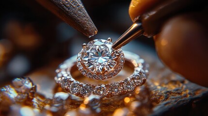 Close-up view of a jeweler setting a large round-cut diamond into a circular ring surrounded by smaller diamonds, showcasing precision craftsmanship and sparkling jewelry