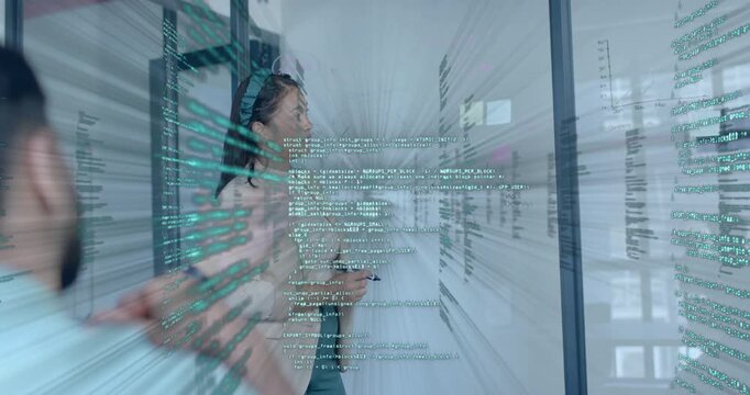 Male developer gesturing code on glass and female coder underlining line with overlay in tech