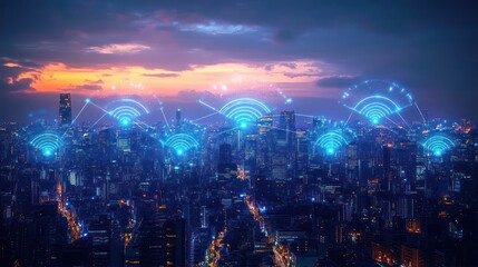 Obraz premium City skyline at dusk with illuminated buildings and wireless communication network icons glowing above skyscrapers symbolizing connectivity and technology integration