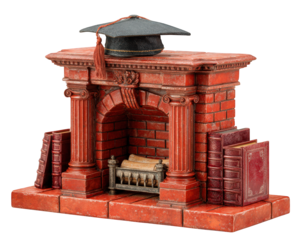 Fireplace with graduation cap books red brick classic columns vintage style academic theme education congratulation knowledge achievement