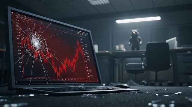 Dramatic stock market crash video with broken laptop screen showing falling red chart
