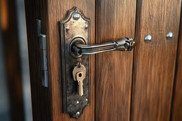 Obraz premium Close-up of an antique metal door handle with a key inserted in a wooden door, showing rustic and vintage details