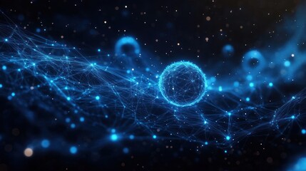 Glowing blue spherical network with interconnected nodes and lines on dark background, representing digital data flow in a futuristic and dynamic atmosphere